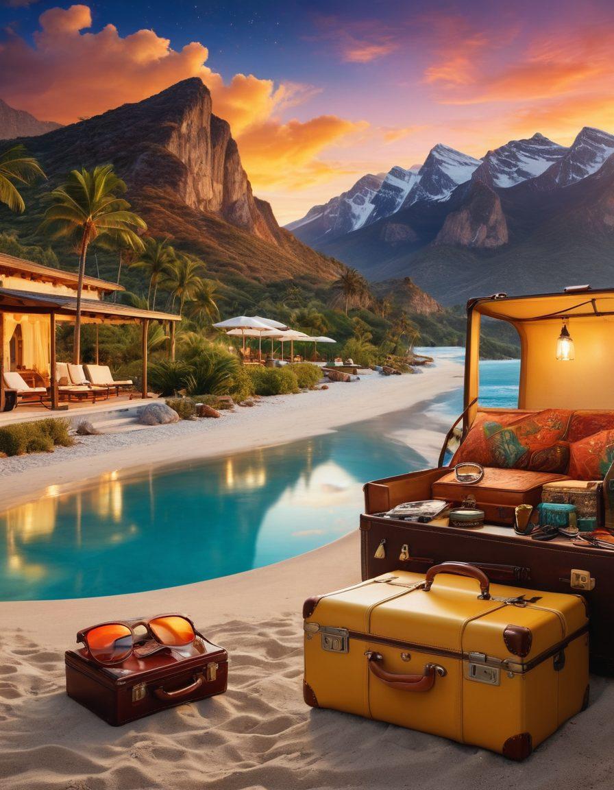 A stunning collage featuring a scenic road trip with winding roads and majestic mountains in the background, seamlessly blending into a luxurious beachfront resort with a private cabana and crystal-clear waters. Include vibrant travel accessories like a vintage suitcase and a camera, highlighting diverse vacation experiences from camping to luxury. The sky transitions from a golden sunset to a starry night. super-realistic. vibrant colors. 3D.