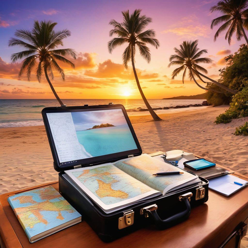A serene beach scene with a travel planner's desk featuring an open notebook, maps, and a laptop displaying exotic destinations. Add a vibrant sunset in the background, suggesting adventure awaits. Incorporate tropical elements like palm trees and a suitcase. The overall mood should evoke excitement and relaxation. super-realistic. vibrant colors.