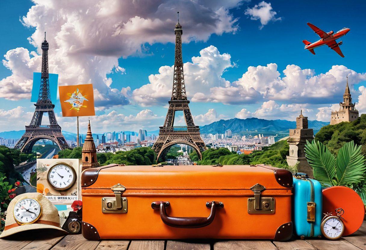 A stunning collage of iconic travel landmarks like the Eiffel Tower, the Great Wall of China, and pristine tropical beaches, each adorned with vivid colors and dreamy clouds. Include a vintage suitcase overflowing with travel essentials, surrounded by postcards and a compass. The scene should evoke a sense of adventure and wanderlust, inviting the viewer to explore the world. vibrant colors. 3D. elements of surrealism.